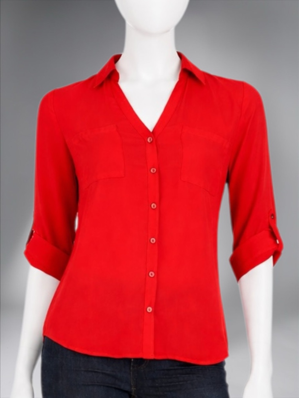 Red Button-Front V-Neck Women's Blouse